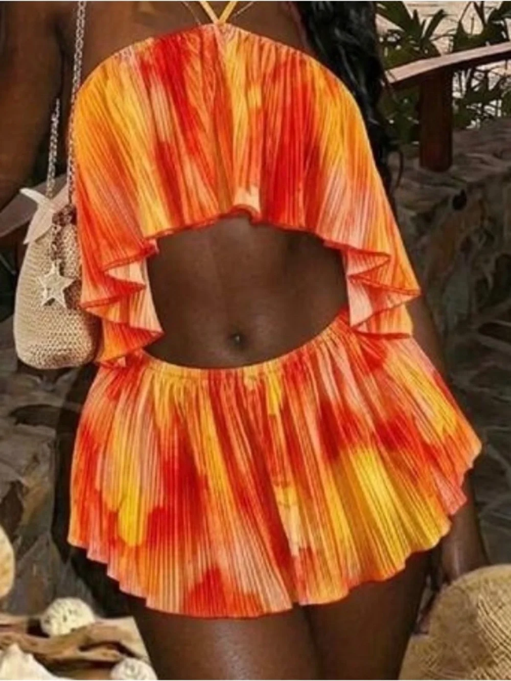 Pleated Two-Piece Crop Top & Skirt Set - Sunset Tie-Dye